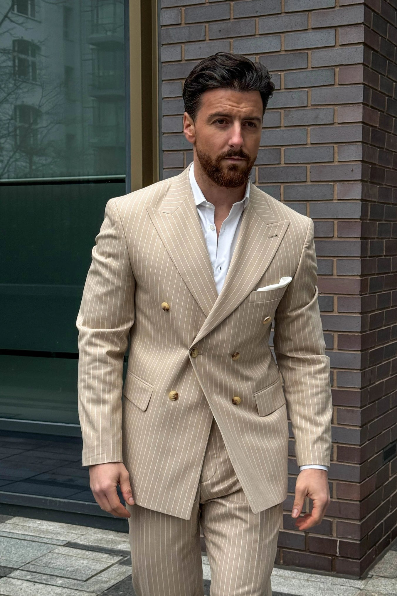 Cream Pinstripe Double-Breasted Suit