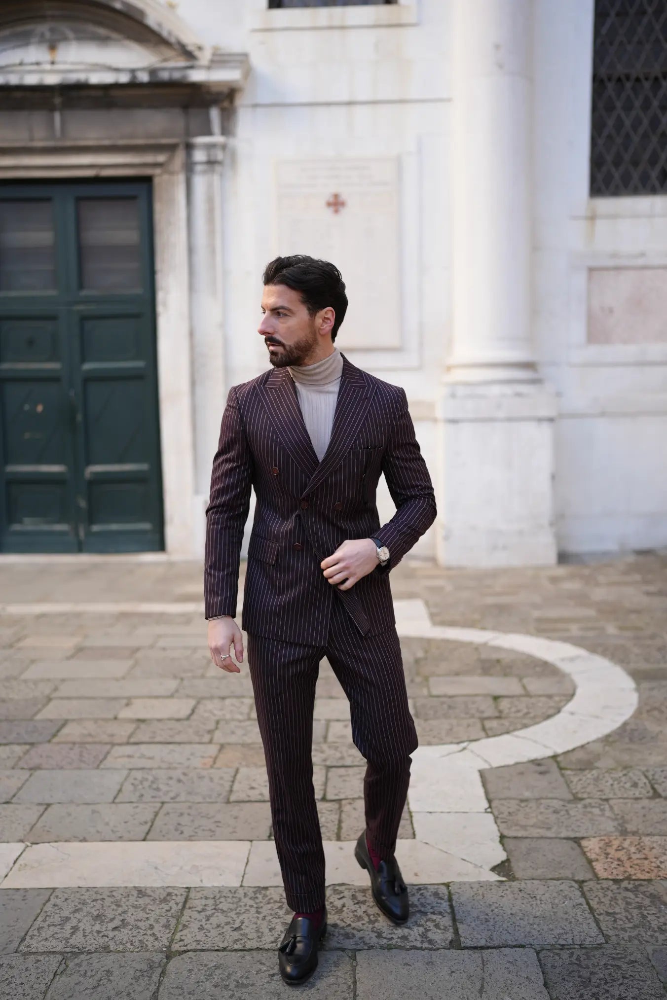Burgundy Pinstripe Double-Breasted Suit
