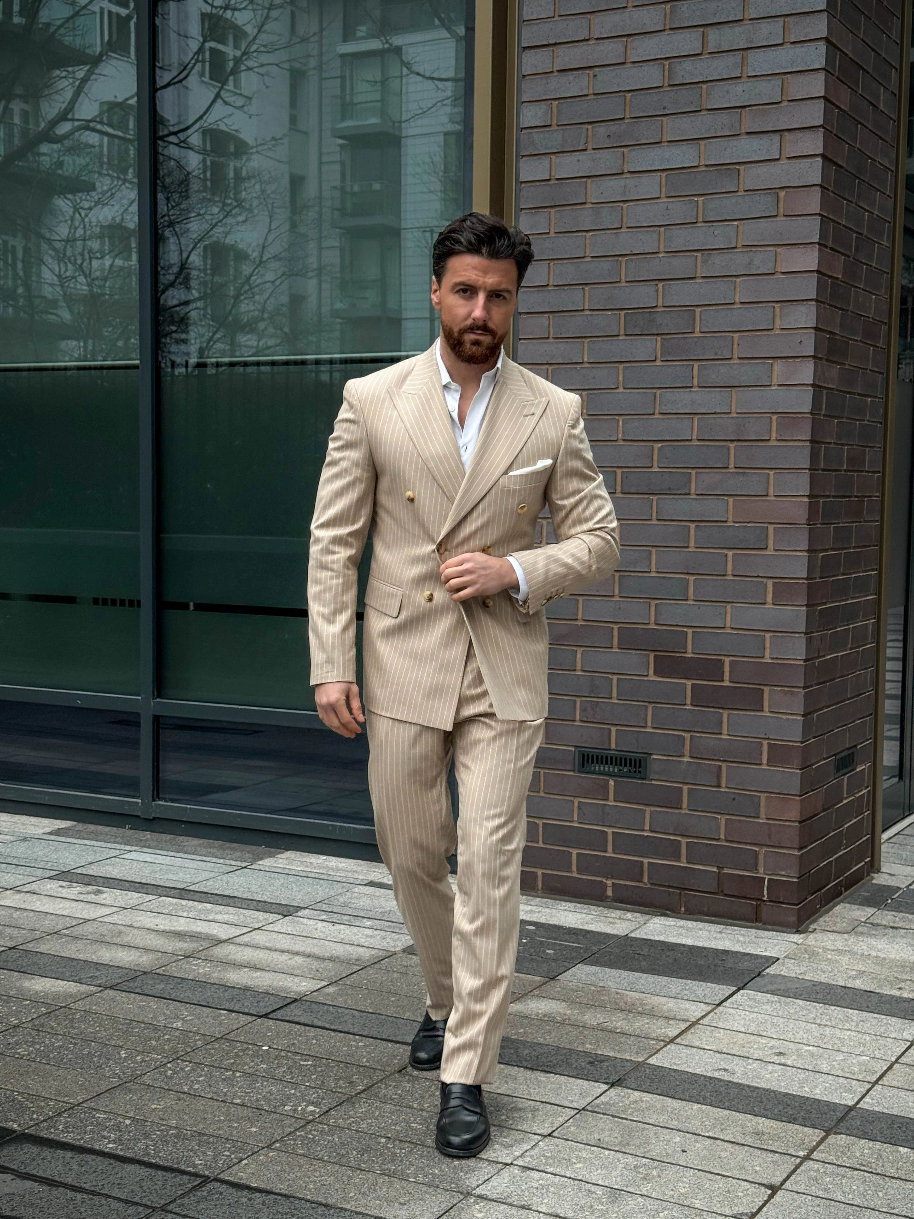 Cream Pinstripe Double-Breasted Suit