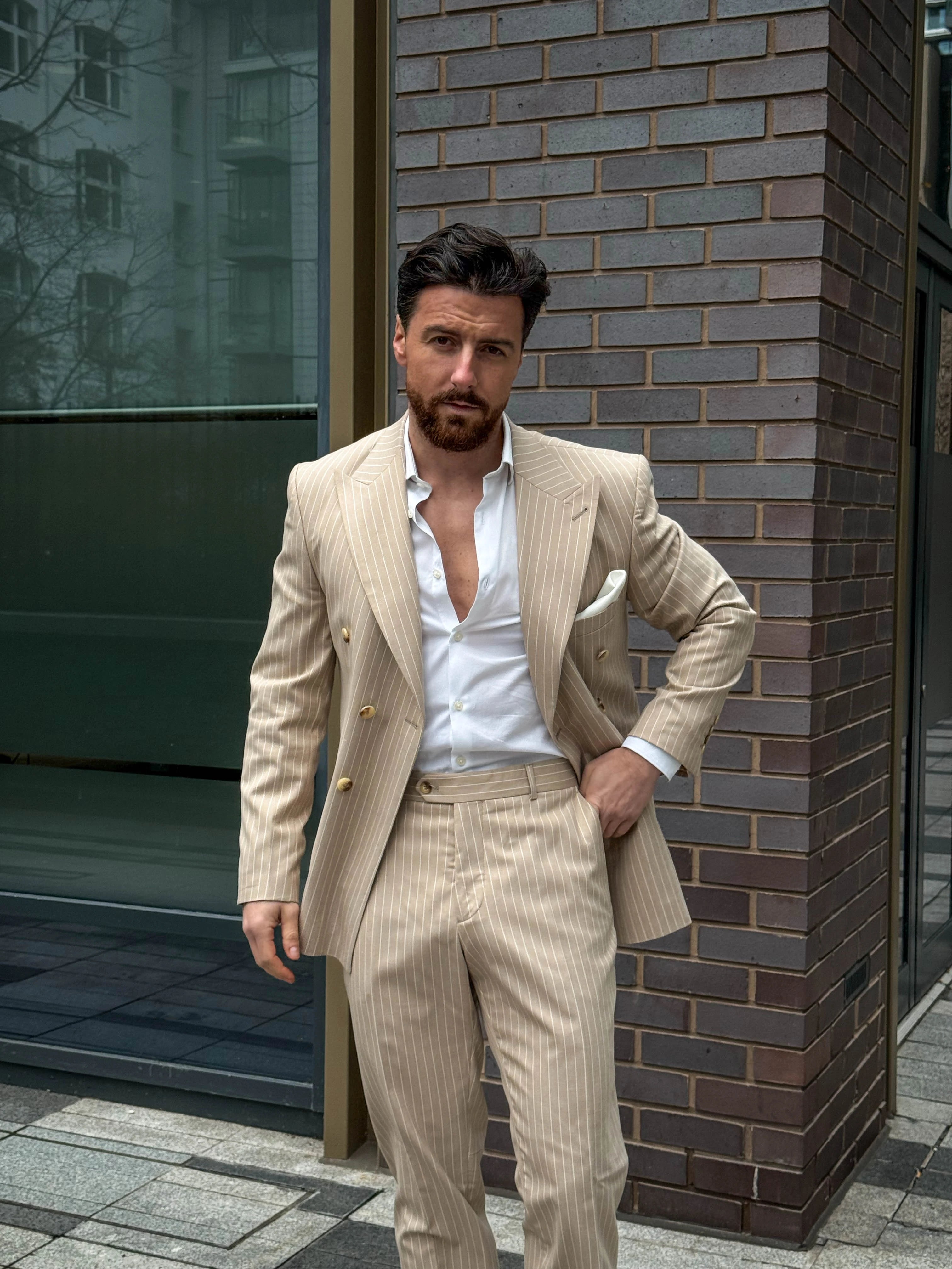 Cream Pinstripe Double-Breasted Suit