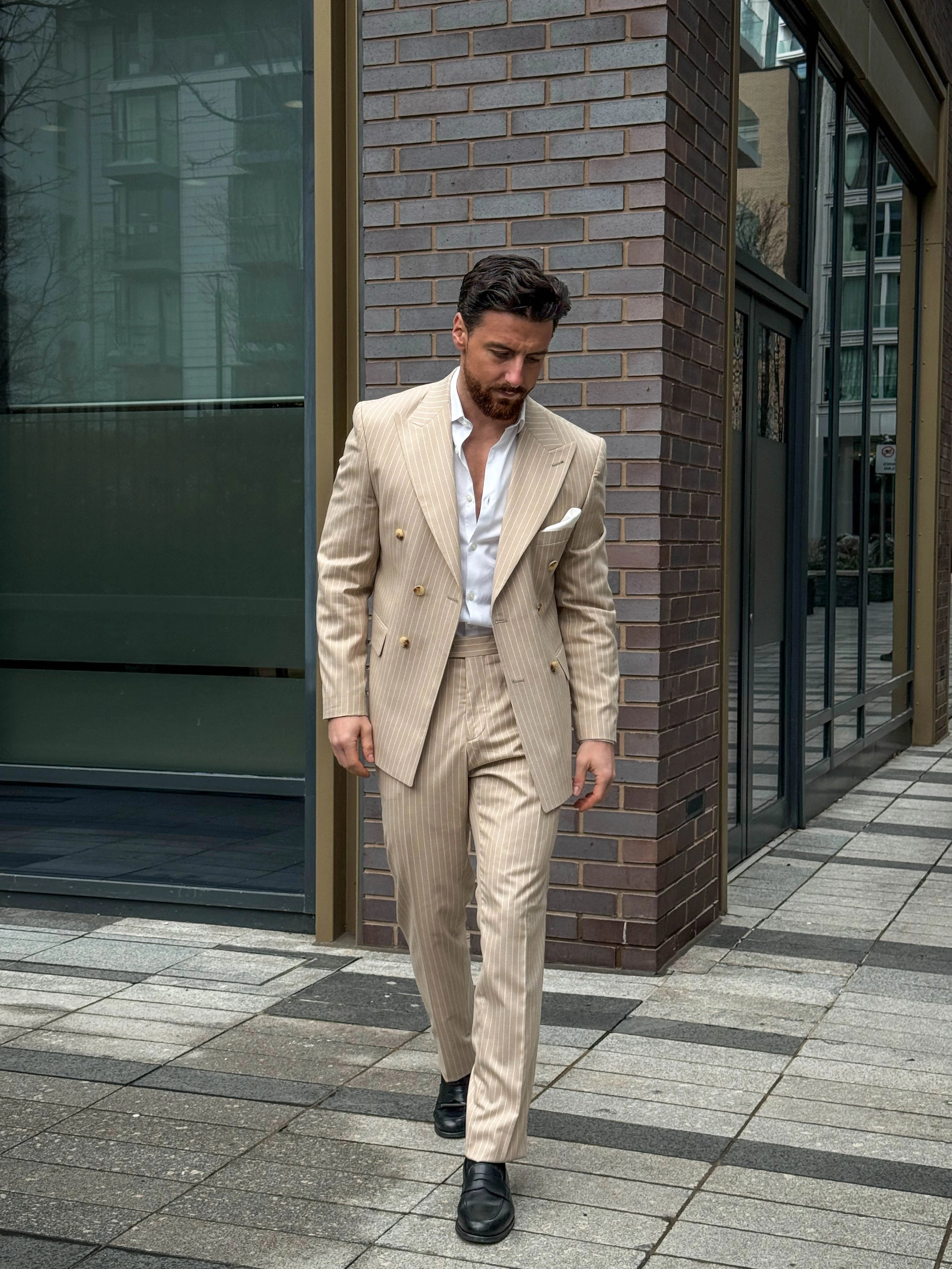Cream Pinstripe Double-Breasted Suit
